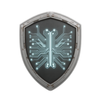 Futuristic shield with glowing circuit pattern symbolizes digital security and protection. metallic design and illuminated circuitry convey sense of advanced technology and cyber defense png