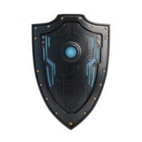 Futuristic shield with sleek black design features intricate circuit patterns and glowing blue center, evoking sense of advanced technology and protection png