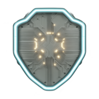 Futuristic shield with glowing circuit patterns and neon blue outline symbolizes advanced technology and cybersecurity. intricate design suggests protection and innovation png