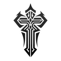 This features stylized black tribal cross design with intricate patterns and sharp edges, creating bold and striking appearance. symmetrical design is both artistic and symbolic.tribal cross design png