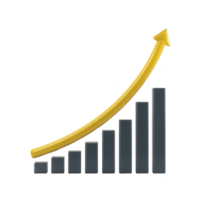 3D bar graph with yellow upward arrow symbolizes growth and success. bars increase in height from left to right, representing positive progress and financial improvement png