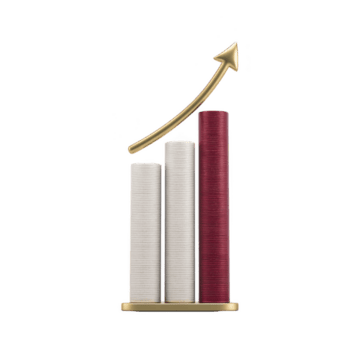 3D bar graph with three vertical columns, two silver and one red, is shown with gold upward arrow indicating growth or progress. design is sleek and modern png