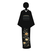 Person wearing traditional black kimono adorned with elegant floral patterns stands gracefully. design features delicate yellow flowers and green leaves, adding touch of sophistication png