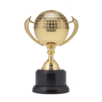 Golden trophy with globe design on top, featuring elegant handles and black base, symbolizes achievement and success. shiny surface reflects light, adding prestigious feel png