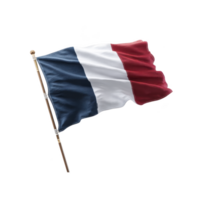 Image shows waving French flag with blue, white, and red vertical stripes, symbolizing France. flag is attached to pole, fluttering in wind png