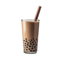 Tall glass of delicious bubble tea with brown straw, filled with creamy milk tea and chewy tapioca pearls, creating refreshing and sweet beverage experience png