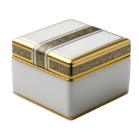 Elegant white and gold decorative box with intricate patterns, perfect for storing jewelry or small treasures. luxurious design adds touch of sophistication to any space png