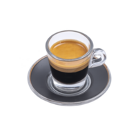 Clear glass cup filled with rich espresso sits on matching saucer, showcasing creamy layer of crema on top. simplicity and elegance of presentation highlight coffee inviting aroma png
