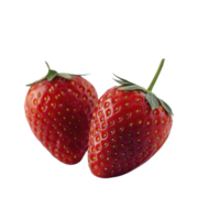 Two fresh strawberries with vibrant red color and green leaves are shown against transparency background, highlighting their juicy texture and natural appeal png