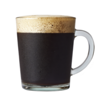 Clear glass mug filled with rich, dark coffee topped with layer of frothy crema, creating warm and inviting appearance. simplicity of glass highlights coffee deep color png
