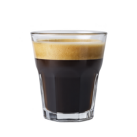 Glass of rich, dark espresso with creamy foam layer on top, served in clear glass, showcasing its deep color and inviting aroma. Perfect for coffee lovers png