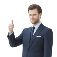Confident man in blue suit gives thumbs up gesture, expressing approval and positivity. professional attire and gesture suggest success and satisfaction png