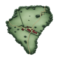 Aerial view of stylized map depicting rural landscape with winding roads, scattered houses, and lush greenery, surrounded by dense trees. illustration conveys peaceful, idyllic countryside setting png
