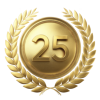 Gold medal with number 25 is surrounded by laurel wreath, symbolizing achievement and celebration. design is elegant and conveys sense of honor and accomplishment png
