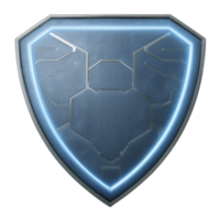 Futuristic shield with glowing blue outline and intricate geometric patterns symbolizes protection and technology. metallic texture adds modern, sleek appearance png