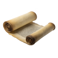Ancient scroll with rolled edges, featuring handwritten text on aged parchment, evokes sense of history and mystery. scroll texture and script suggest historical significance png