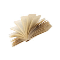 Open book with pages fanned out, creating dynamic and engaging visual. book pages are slightly yellowed, suggesting age or frequent use, and text is visible but not legible png