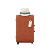 Stylish orange suitcase with travel tag and straw hat on top, ready for adventure. suitcase is upright with four wheels, perfect for easy travel png