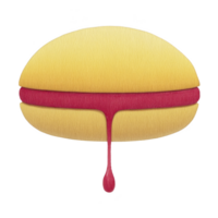 This features yellow macaron with red filling that appears to be dripping. macaron is stylized and has smooth texture, creating playful and appetizing appearance. Yellow macaron with red filling png