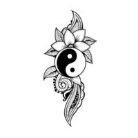 This features yin yang symbol intricately designed with floral and leaf patterns, creating harmonious and balanced aesthetic. black and white contrast emphasizes traditional symbolism of duality png