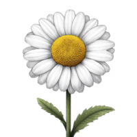 Detailed illustration of daisy flower with white petals and yellow center, set against transparency background. green stem and leaves add contrast, highlighting flower simplicity and beauty png