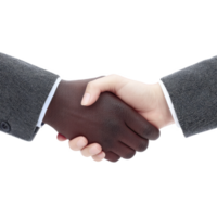 Close up of handshake between two individuals, one with dark skin tone and other with light skin tone, both wearing business suits, symbolizing cooperation and agreement png