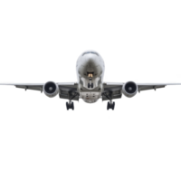 Large commercial airplane is flying directly towards viewer, showcasing its powerful engines and sleek design against clear sky. aircraft landing gear is visible, indicating it is preparing to png