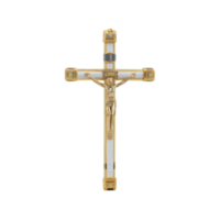 Gold and silver crucifix with intricate detailing and depiction of Jesus is shown against plain background, symbolizing faith and spirituality png