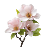 Delicate pink magnolia flowers bloom on branch with vibrant green leaves, showcasing nature elegance and beauty. soft petals and intricate details create serene and calming effect png