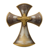 Decorative cross with intricate patterns and central floral motif, featuring blend of gold and silver tones, exuding sense of elegance and spirituality png