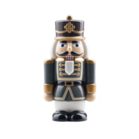 Traditional wooden nutcracker soldier figurine stands upright, featuring classic design with black and gold uniform, white beard, and tall hat. nutcracker exudes festive and nostalgic charm png