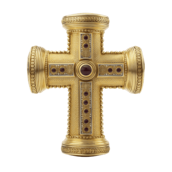 utsmyckad guld korsa med invecklad detailing och inbäddad ädelstenar, visa upp lyxig hantverk och religiös symbolism. design funktioner blandning av texturer och mönster png