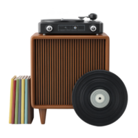 Vintage style record player with wooden cabinet and stack of colorful vinyl records evokes nostalgia. black turntable and large vinyl record are prominently displayed png