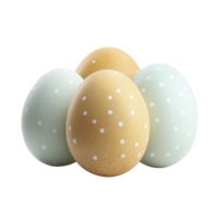Four pastel colored eggs with polka dots are arranged together, featuring soft shades of blue, green, and yellow. eggs have smooth texture and are decorated with white dots, creating playful png