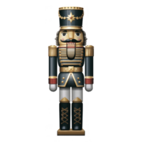 Traditional wooden nutcracker soldier stands tall, adorned in dark uniform with gold accents, exuding festive and classic charm. nutcracker detailed design includes tall hat and mustache png