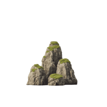 Group of three moss covered rocks arranged in triangular formation, isolated on transparency background. rocks have natural, rugged texture with vibrant green moss adding touch of color png