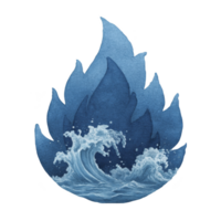 Dynamic illustration of blue flame with ocean waves crashing inside, symbolizing fusion of fire and water elements. artwork conveys sense of balance and harmony png