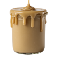 Creamy caramel sauce drips from glass jar, creating tempting and indulgent visual. rich, golden brown color and smooth texture highlight its sweet and decadent nature png