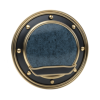 Round, decorative emblem with gold and blue design, featuring central circular area and ornate detailing, evokes sense of elegance and sophistication png