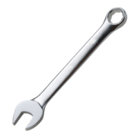 Shiny metal wrench with open end and ring end, used for tightening or loosening nuts and bolts, isolated on transparency background png
