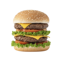 Delicious double cheeseburger with two beef patties, melted cheese, fresh lettuce, and tomato slices, all sandwiched between sesame seed bun png