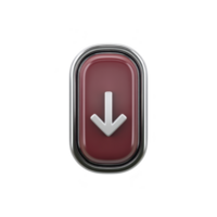 Shiny red button with metallic frame features downward pointing arrow, symbolizing download or decrease. button sleek design and reflective surface give it modern, digital appearance png