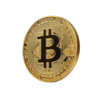 Shiny gold Bitcoin coin with prominent B symbol, representing digital currency and blockchain technology, isolated on transparency background png