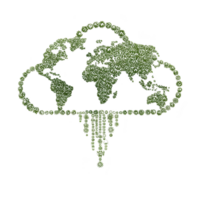 Cloud shaped world map made of green foliage symbolizes global connectivity and environmental sustainability. design creatively integrates nature with technology, emphasizing eco friendly png