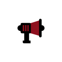 Red and black megaphone icon symbolizes communication and announcement. simple design features red cone and black handle, conveying message of alertness png