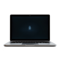 Laptop with locked screen displays blue padlock icon, symbolizing security and data protection. sleek design and modern technology emphasize privacy and cybersecurity png