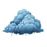 Fluffy blue cloud with lightning bolts underneath, symbolizing stormy weather concept. cloud appears soft and textured, contrasting with sharp, bright lightning png