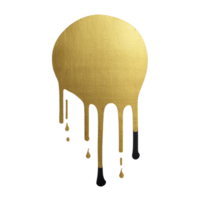 Golden paint drip forms circular shape with textured surface, creating artistic and abstract design. metallic sheen and flowing drips add sense of movement and creativity png