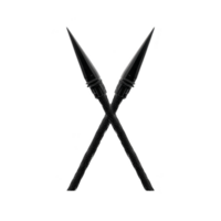 Two crossed black spears with pointed tips are depicted against transparent background, symbolizing strength and unity. minimalist design emphasizes sharpness and symmetry of weapons png