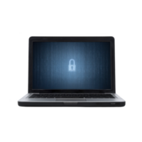 Laptop displaying digital lock symbol on screen, representing cybersecurity and data protection. blue background with binary code emphasizes theme of secure technology png